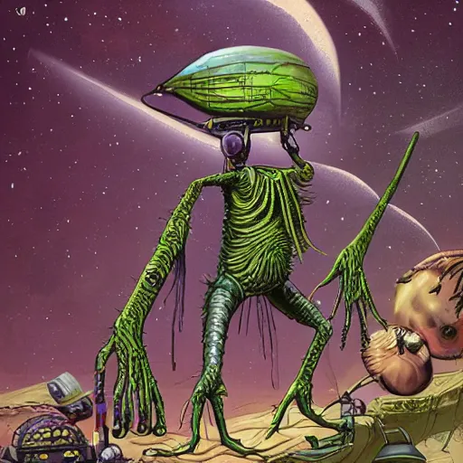 Prompt: extraterrestrial crime bazaar on another planet, Jim Henson creature shop, highly detailed, illustration