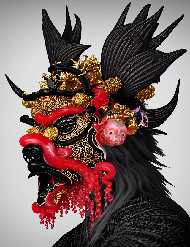 Image similar to 3 d goddess close - up profile satan biohazard portrait with crown, ram skull. beautiful intricately detailed japanese crow kitsune mask and clasical japanese kimono. betta fish, jellyfish phoenix, bio luminescent, plasma, ice, water, wind, creature, artwork by tooth wu and wlop and beeple and greg rutkowski