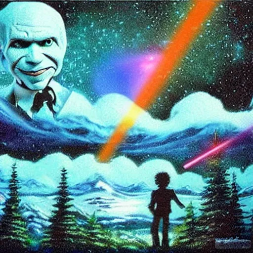 Image similar to Bob Ross Scenery with Robot Alien Snowmen Shooting Laser Beams at Things in the sky. Epic Amazing Insanity. Salvia Droid Joker .