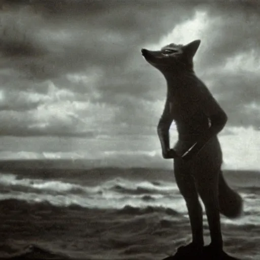 Prompt: anthropomorphic fox who is a medieval knight standing steadfast towards a stormy ocean, 1930s film still