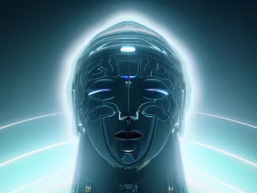 Image similar to a gray faceless figure, ascended, robot wizard, NPC with a saint\'s halo, saintly halo behind their head made of neon filigree, consulting the cyber oracle of all knowledge, at the end of time, in an esoteric ritual exchange of physical code, 8k, 4k, unreal 5, DAZ, trending on artstation, octane render, abstract painting, bright blue future