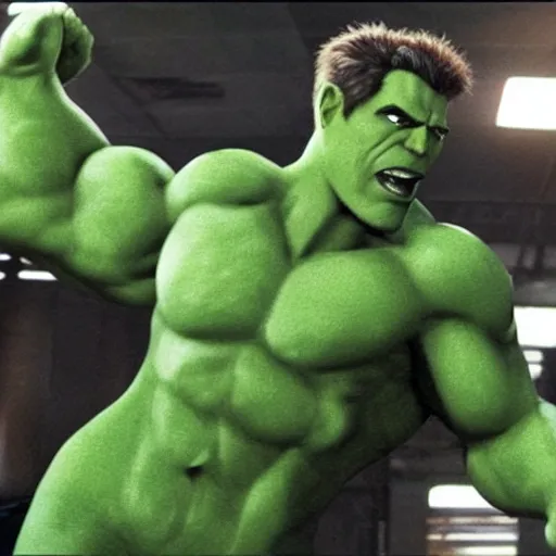 Image similar to scarlett johansson as green skinned hulk, she - hulk, green skin, muscular, bodybuilding woman, wheyfu, movie still