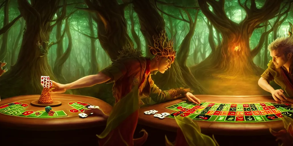 Image similar to a mythical, magical forest spirit wizard rolling d 6 casino dice, glowing energy, fantasy magic, by willian murai and jason chan and marco bucci, hyper detailed and realistic, illustration, sharp focus, cinematic, rule of thirds, foresthour