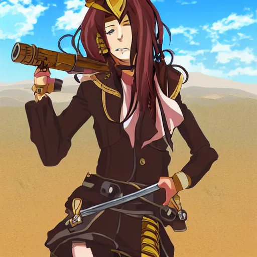 Image similar to Painting of a female anime pirate captain in the middle of a desert, anime contour shading