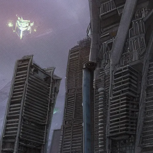 Image similar to “The plaza around the base of the megabuilding was being patrolled by Battletech. The tower was made of solid black metal and stone. POV looking up at tower. Anime background artwork in the style of Akira. 2077 photo mode by Marc Simonetti, artwork by Ted Nasmith, Ted Nasmith and Marc Simonetti, 8K, D&D concept art, 2077 wallpaper”