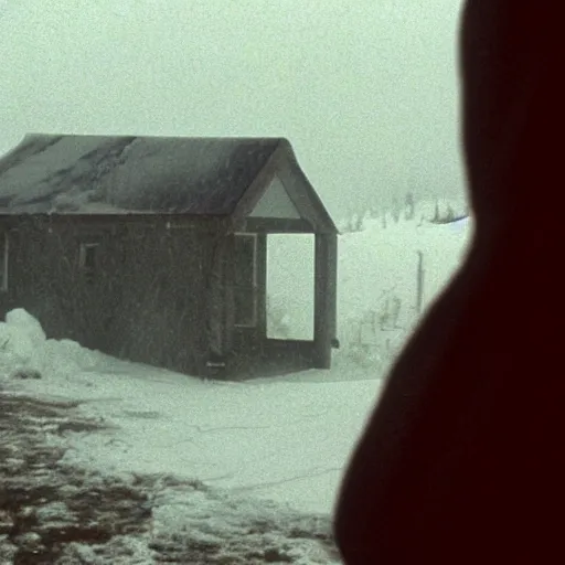 Image similar to a group of people is stuck in a hut while outside there’s a strong snowstorm, cinematic, movie still, film, movie, 35mm, award winning photography