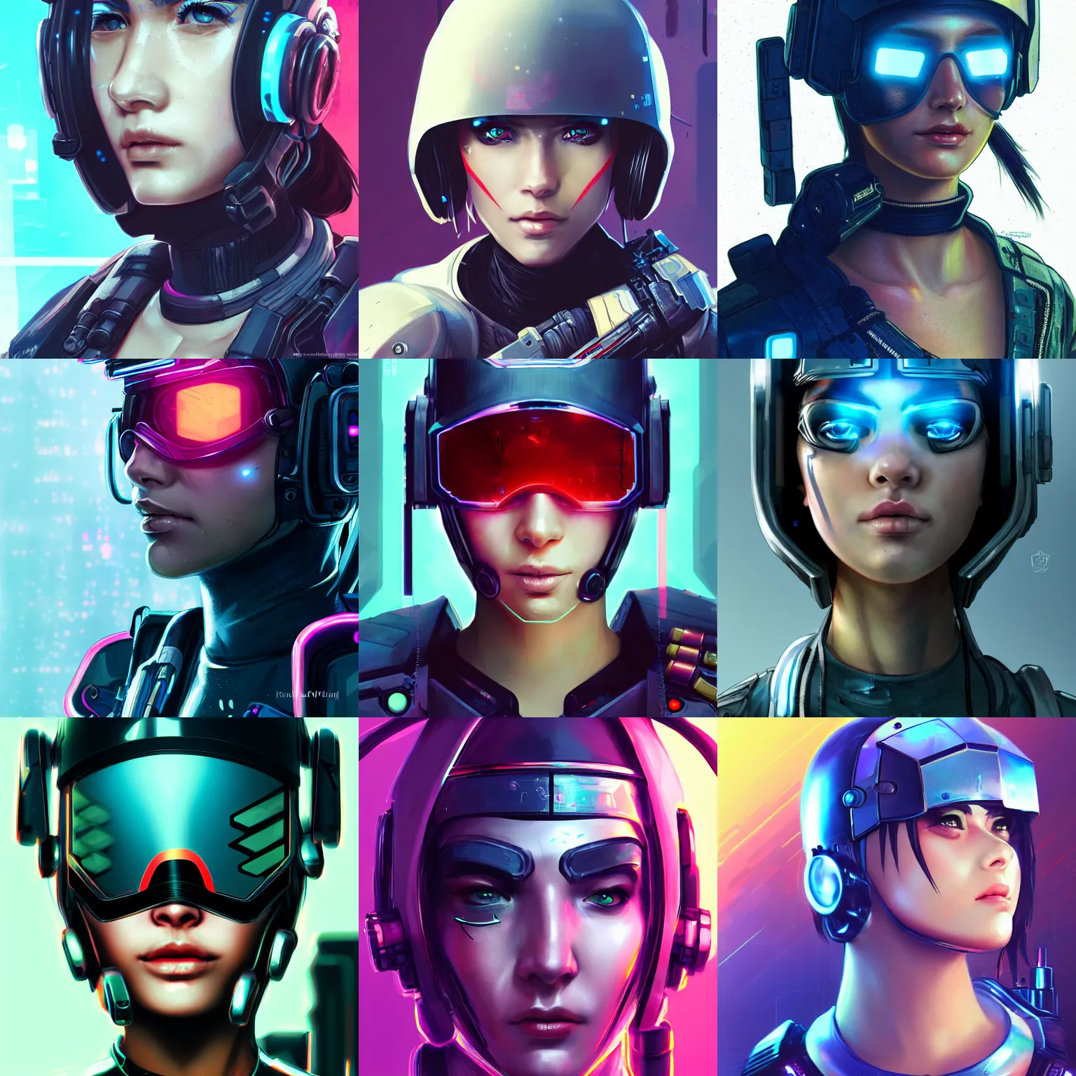 Prompt: face close - up of a cyberpunk girl soldier in a cyberpunk helmet, futuristic helmet, by ross tran, cyberpunk 2 0 7 7, anime art, accurate anatomy