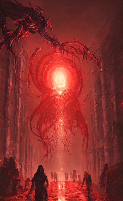 Image similar to mother demogorgon in the background, red ambience, at night, creepy over the street in the background, dynamic lighting, photorealistic fantasy concept art, trending on art station, stunning visuals, creative, cinematic, ultra detailed