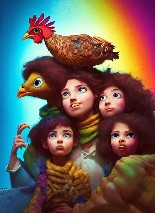 Prompt: a hen and her two chicks on a rainbow movie by nuri iyem, james gurney, james jean, greg rutkowski, anato finnstark. pixar. hyper detailed, 5 0 mm, award winning photography, perfect faces