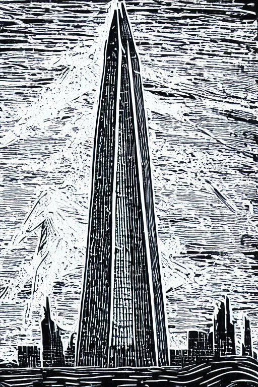 Prompt: a beautiful linocut print of the shard, 8 k, frostbite 3 engine, cryengine, dof, trending on artstation, digital art, crepuscular ray, art by fossi _ images and tugboat printshop