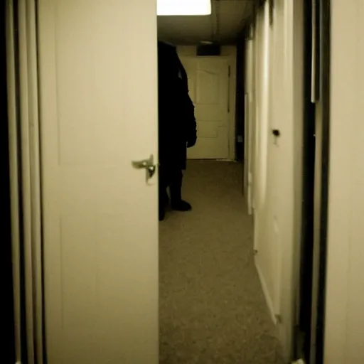 Prompt: Anxiety Inducing Backrooms, creepy black figure standing, sinister