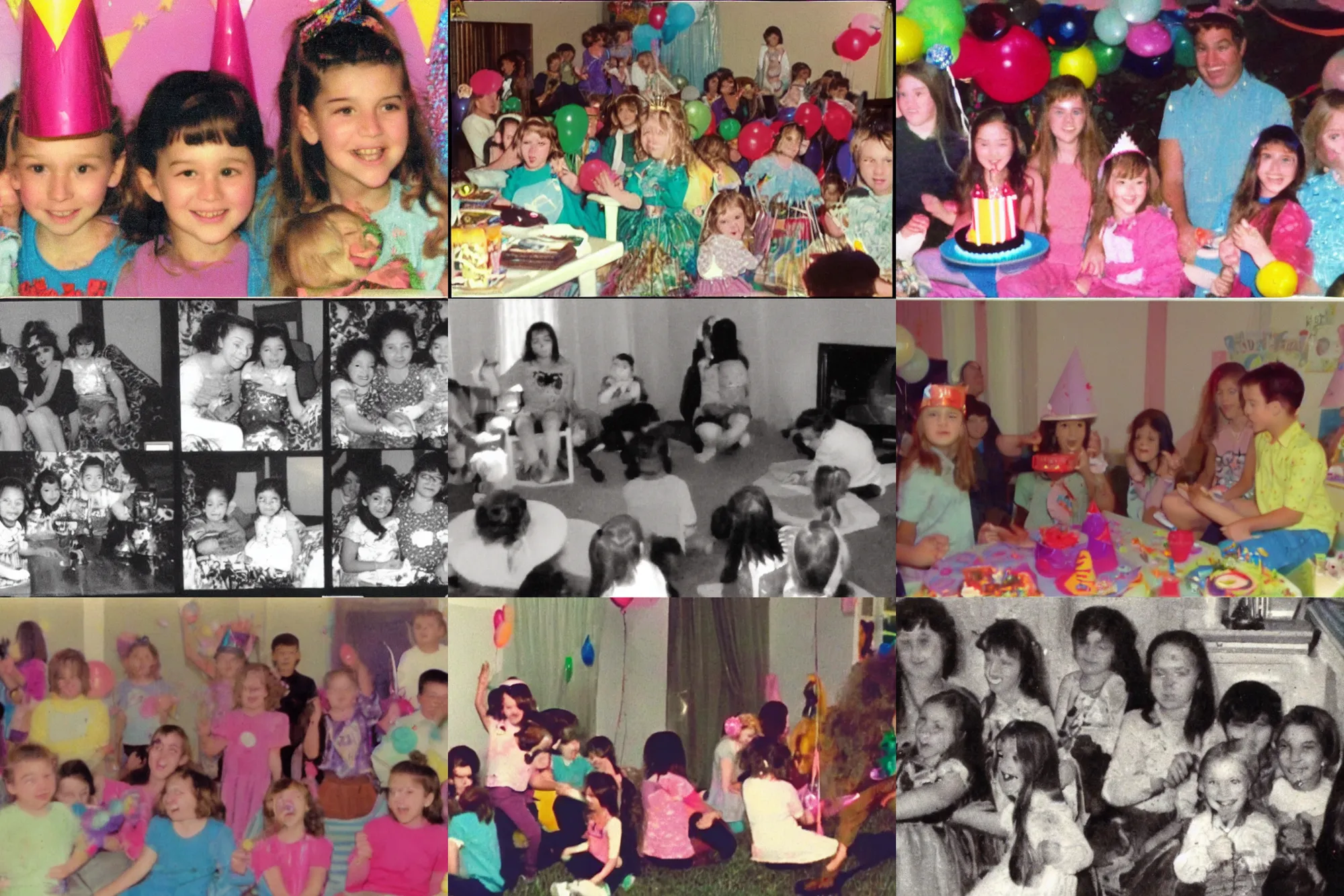 Prompt: Daughter's birthday party. Home video footage, Color VHS picture quality with mixed noise, Filmed by dad.