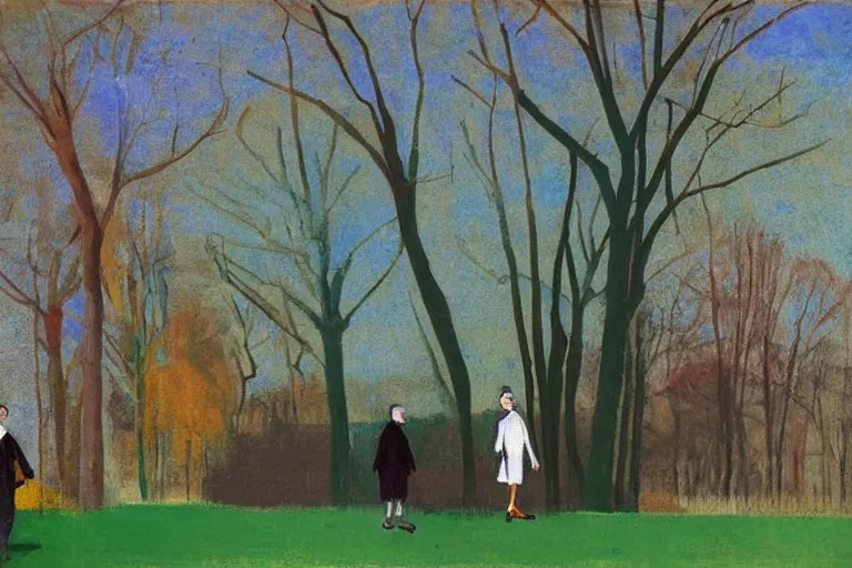 Image similar to a very tall man with dark hair holding the hands of a short young boy as they walk in a park on a bright beautiful winter day. part in the style of an edgar degas painting. part in the style of david hockney. triadic color scheme