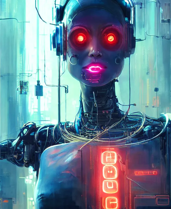 Image similar to cute robot cyborg woman, many wires and neon lights exposed, metal and glowing eyes, cyberpunk, highly detailed painting by jeremy mann and cd projekt red