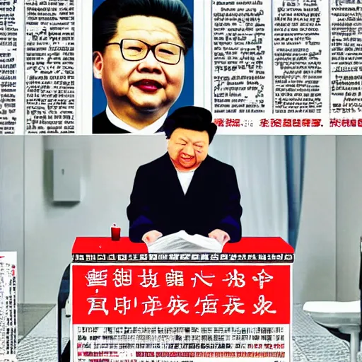 Image similar to Li Xin Jinping sitting on the toilet reading news paper, realistic detailed photography