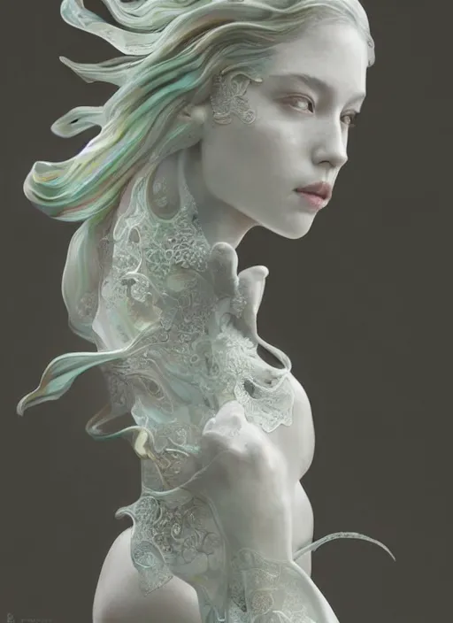 Prompt: opalescent marble sculpture of beautiful woman dissolving into shimmering dust, fractal paisley inlay, lace, intricate, elegant, highly detailed, digital photography, art by artgerm ruan jia and greg rutkowski