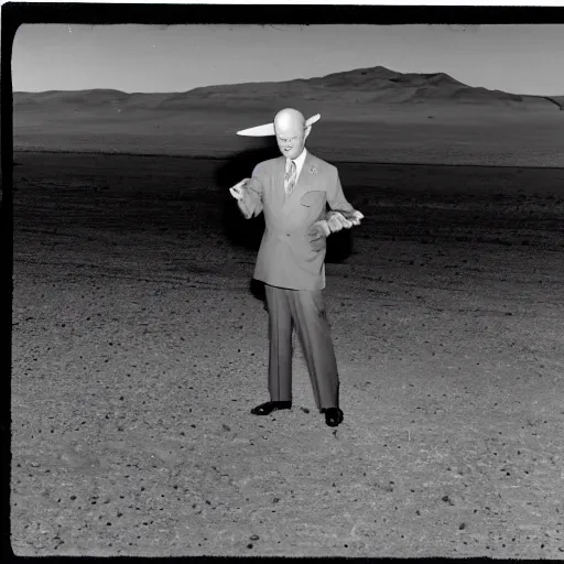 Image similar to president eisenhower aboarding a ufo in the desert as high ranked government officials are watching, black and white old photo