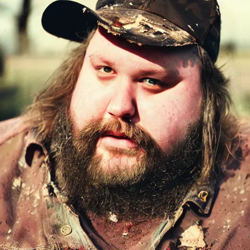 Image similar to obese redneck man with long beard wearing dirty and tattered overalls shirt, close up, kodak gold 2 0 0,