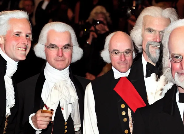 Prompt: dslr photo of george washington, thomas jefferson, and john adams at the met gala in 2 0 1 0. hd