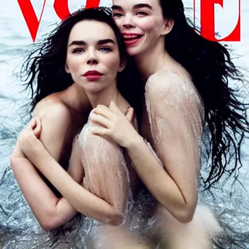 Image similar to stunning vogue magazine photo of dark - haired goddesses vanessa kirby, hailee steinfeld, and bjork smiling, legs intertwined, in a bubble bath, with wet faces!!, wet lips, smooth skin, perfect eyes, insanely detailed, elegant, by wlop, rutkowski, livia prima, mucha, wlop,