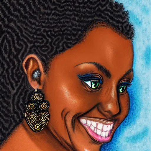 Image similar to an adult black woman, light skin, colorful ornate earrings, curly 3 c black hair, smile on her face, brown eyes, holding her small black bombay cat in the style of alex grey, trending on art station 8 k