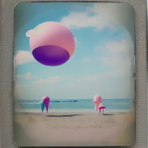 Image similar to a pastel colour high fidelity Polaroid art photo from a holiday album at a seaside with abstract inflatable parachute furniture ((and spheres)), all objects made of transparent iridescent Perspex and metallic silver, no people, iridescence, nostalgic