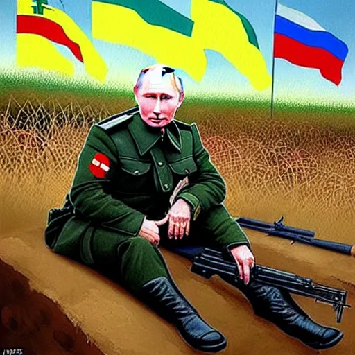 Image similar to Putin is sitting in the trenches and defending himself from Ukrainian troops, Retro futuristic painting style