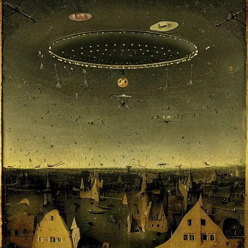 Image similar to ufo fleet over a 1 7 th century european town at night with light beams levitating people in their pajamas painting by hieronymus bosch