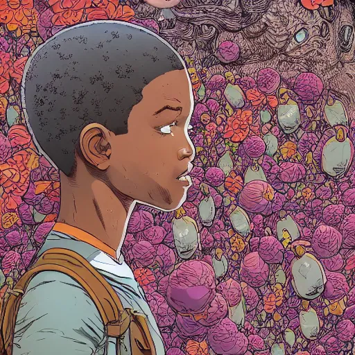 Image similar to hyper detailed comic illustration of a beautiful flower growing out of the head of a young mixed race explorer\'s head, by Josan Gonzalez and Geof Darrow, highly detailed, 8k wallpaper