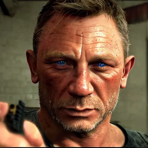 Image similar to a screenshot of daniel craig in the video game the last of us. 3 d rendering. unreal engine. amazing likeness. very detailed. cartoon caricature