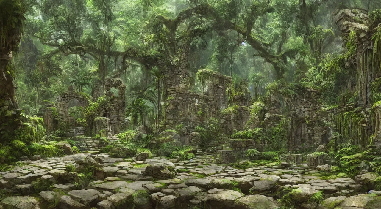 Image similar to ancient stone temple ruins at the end of a pathway next to a river in an overgrown rainforest, by roger dean, by syd mead, robert hubert, laurie lipton, detailed, realistic shadows, rendered in lumion, matte painting