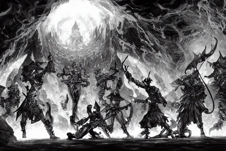 Prompt: black and white point perspective dungeon cozy fantasy dungeon clean battle mages are fighting a group of fire trapmasters,by artgerm and Craig Mullins, James Jean, Andrey Ryabovichev, Mark Simonetti and Peter Morbacher 16k