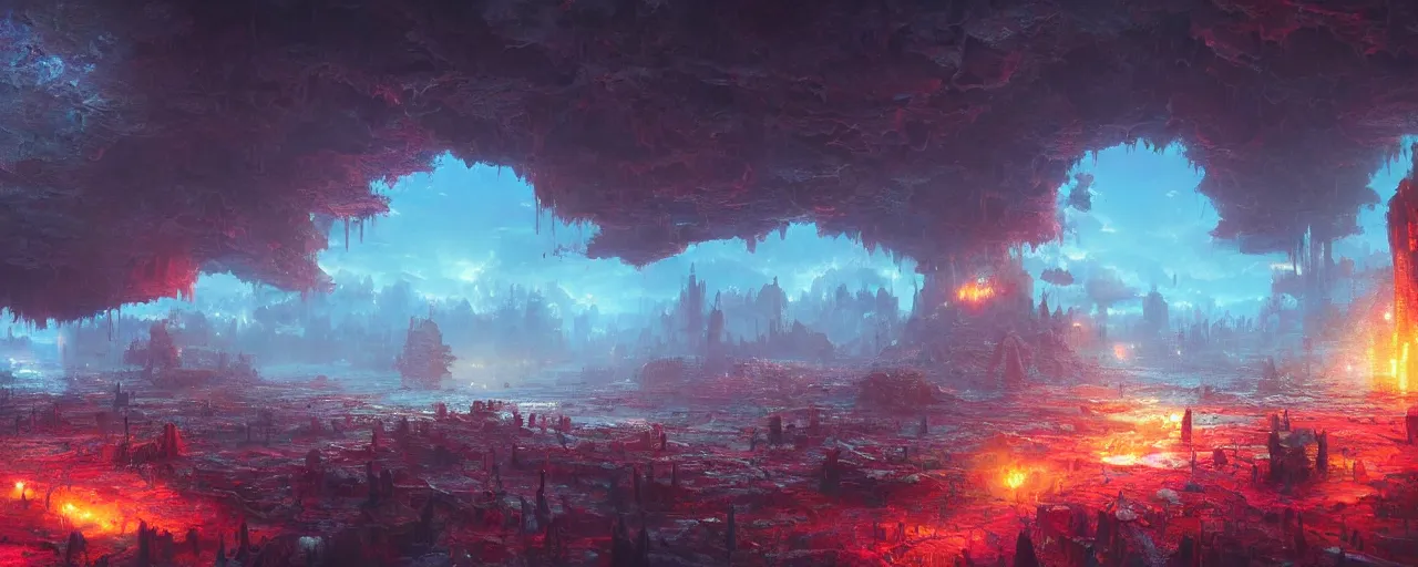 Prompt: ” otherwordly hostile landscape, [ cinematic, detailed, epic, widescreen, opening, establishing, mattepainting, photorealistic, realistic materials, octane render, art by paul lehr ] ”