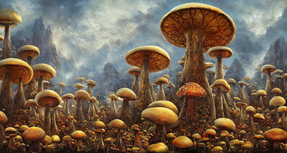 Image similar to A tribal village in a forest of giant mushrooms, by Karol Bak