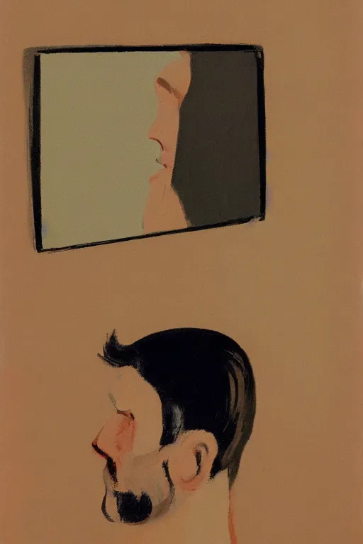 Image similar to man looking into a mirror, 1960’s minimalist advertising illustration, painterly, expressive brush strokes