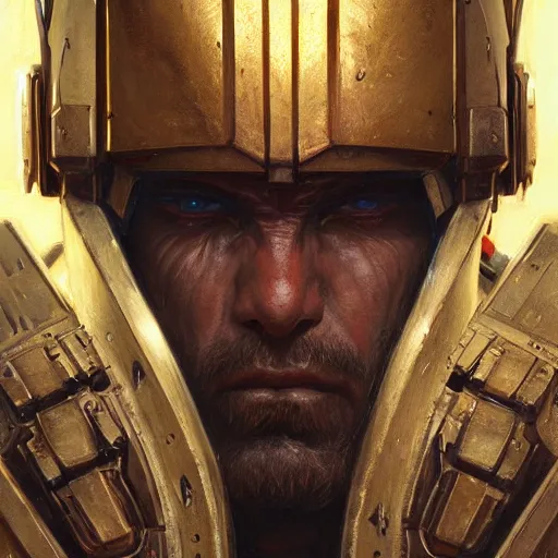 Image similar to the doomslayer as a realistic sci - fi d & d knight, closeup portrait art by donato giancola and greg rutkowski, realistic face, digital art, trending on artstation, symmetry
