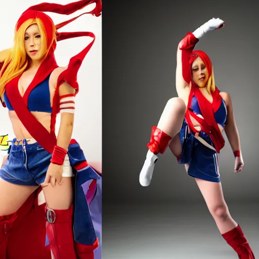 Image similar to cosplaying as cammy from street fighter, high kick, studio lighting, professional photograph