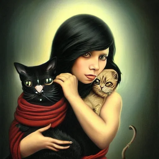 Image similar to a painting of an emo mexican woman holding a cat, a photorealistic painting by tom bagshaw and ( ( ( mark ryden ) ) ), trending on deviantart, gothic art, ilya kuvshinov, goth, storybook illustration