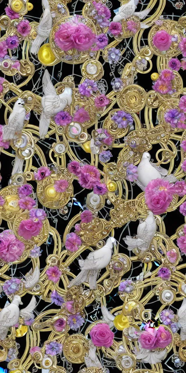 Prompt: seamless pattern of beautiful cybernetic robotic dove cameron with colorful flowers bvlgari jewelry and cables arranged in a baroque damask pattern + clear glass exoskeleton, inside organic robotic tubes and parts, black background, symmetrical composition + intricate details, hyperrealism, wet, reflections + by alfonse mucha, no blur