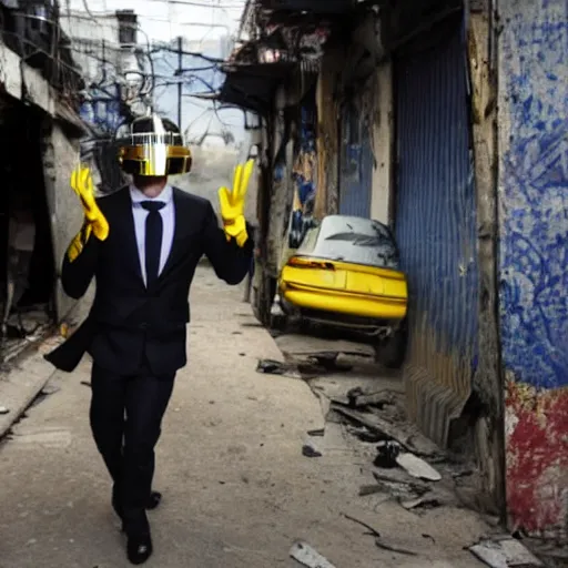 Prompt: Man in a suit holding a daft punk helmet in one hand, looking at an explosion, favela