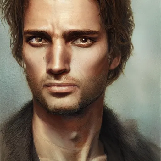 Prompt: a head - on portrait of a 2 0 - something man, brown messy hair, by wayne barlowe and charlie bowater
