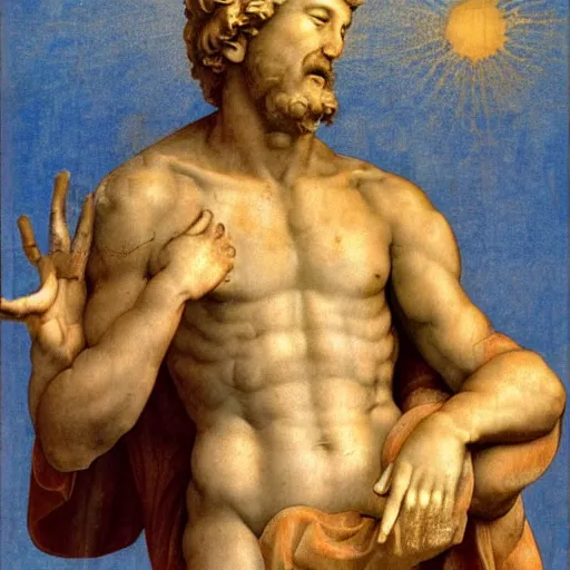 Prompt: biblical God as interpreted by Michelangelo, is crying in tears and is very sad and sorrow , after creating humans