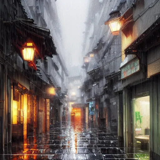 Prompt: a painting of a rain soaked back street in osaka, digital art, trending on artstation, by studio ghibli and greg rutkowski. spirited away. trending on artstation, hyperrealism, unreal engine