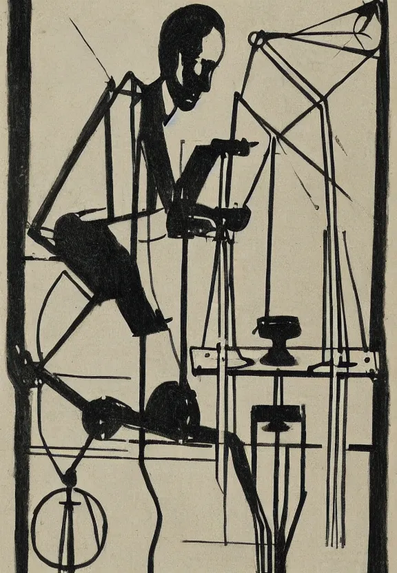 Image similar to a concept drawing of marcel duchamp holding up a chess - piece wire - machine, a surrealist painting by marcel duchamp, complex artificial - intelligence machinery, minimal sketch flow - chart, academic art, 1 9 2 0 s