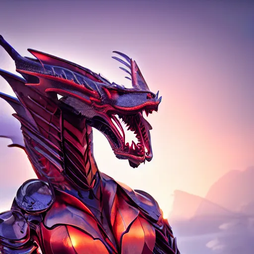 Prompt: bust of a beautiful anthropomorphic robotic female dragon, with smooth and streamlined armor, standing and posing elegantly, well detailed dragon head with LED eyes and a maw, sharp and dangerous sleek design, two arms, two legs, long tail, beautiful digital art, artstation, DeviantArt, FurAffinity, professional, octane render, sunset lighting