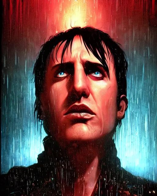 Image similar to An epic fantasy comic book style portrait painting of a very imposing Industrial goth Trent Reznor in the rain, wet hair, neon reflections, character design by Mark Ryden and Pixar and Hayao Miyazaki, still from Akira (1988), unreal 5, DAZ, hyperrealistic, octane render, cosplay, RPG portrait, dynamic lighting, intricate detail, cinematic