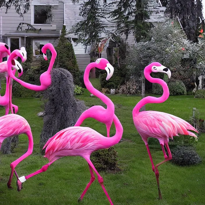 Image similar to spooky weird flamingo lawn monsters at vanvcouver,british columbia,canada