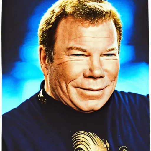 Prompt: william shatner wearing a gold shirt with black collar, digitla art