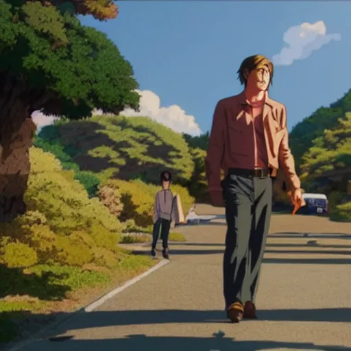 Prompt: anime still of once upon a time in hollywood art by Dice Tsutsumi, Makoto Shinkai, Studio Ghibli!!!!, Studio ghibli art style, art by Dice Tsutsumi, Makoto Shinkai, Studio Ghibli!!!!