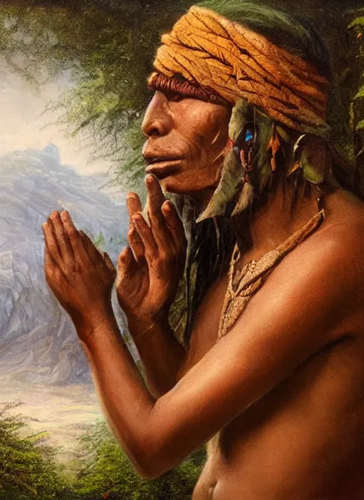 Prompt: a beautiful portrait of an indigenous man taking rapé in the jungle, taking tobacco snuff, praying with tobacco, mysterious atmosphere, fantasy art, matte painting, highly detailed